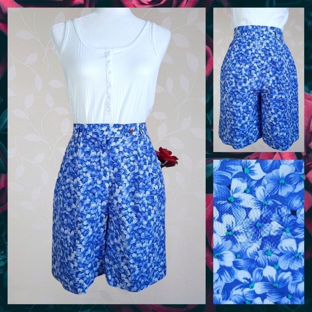Vintage 100% Silk Floral Print Flowy Long Shorts With Pockets Talbots Blue 6 P
